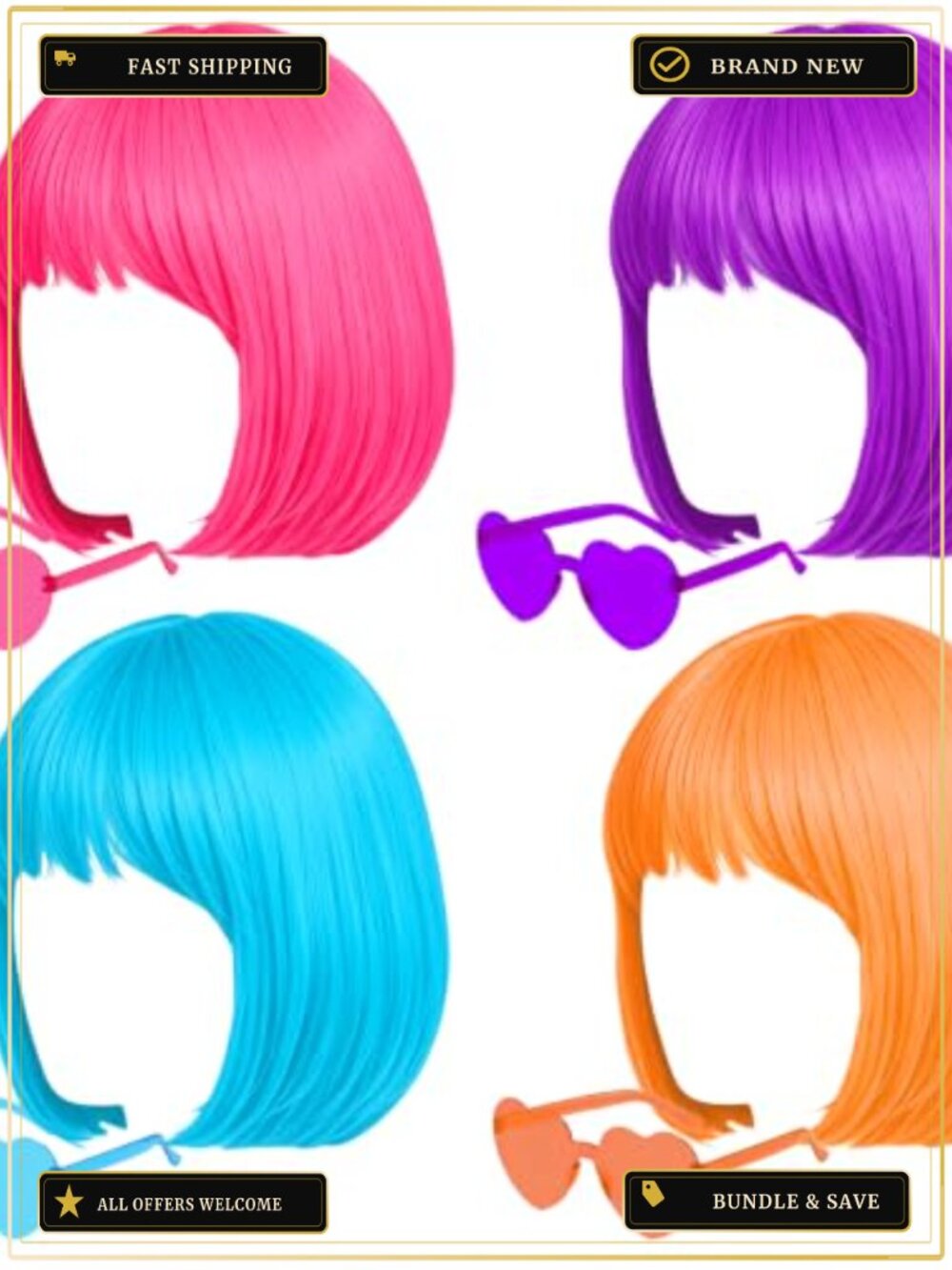 4 Pack Colored Bob Wigs & Heart Sunglasses Set Cosplay Costume Party